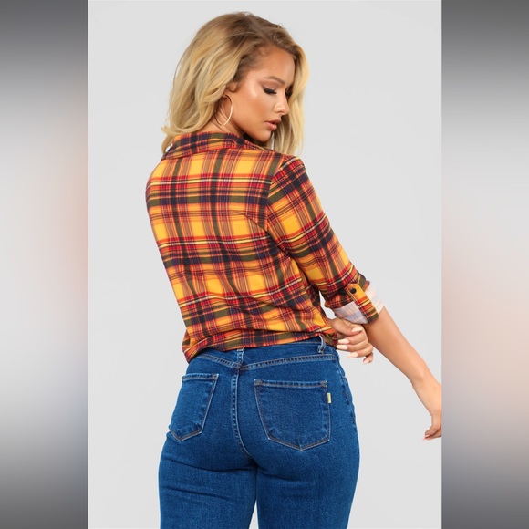 Fashion Nova Mustard Plaid Tie Knot Button Up Top - Picture 3 of 13